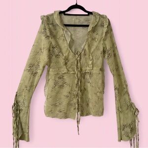 Sheer Snakeskin Mesh Tie Front Ruffle Blouse Small Y2K Fairycore